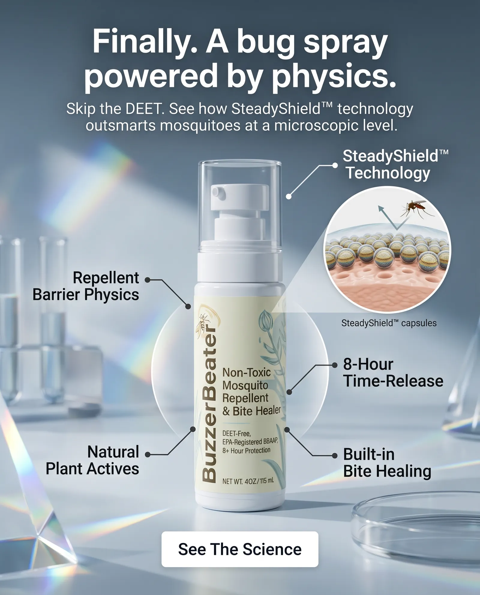 BuzzerBeater bug spray powered by physics — SteadyShield™ technology callouts