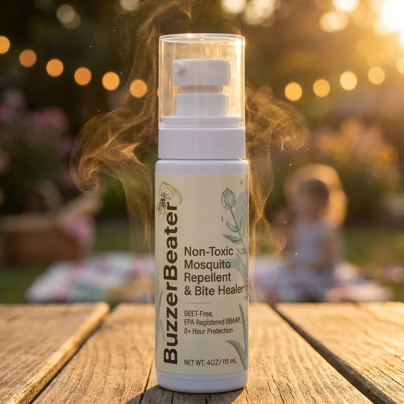 BuzzerBeater bottle on a wooden picnic table at golden hour with warm string-light bokeh and a child silhouette in the soft background, ready for a bite-free summer evening