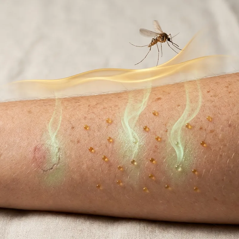Dual-action visualization: a mosquito deflected by the BuzzerBeater protective layer while soothing aloe, shea butter, and oatmeal calm a bite on the skin below — one bottle repels and relieves